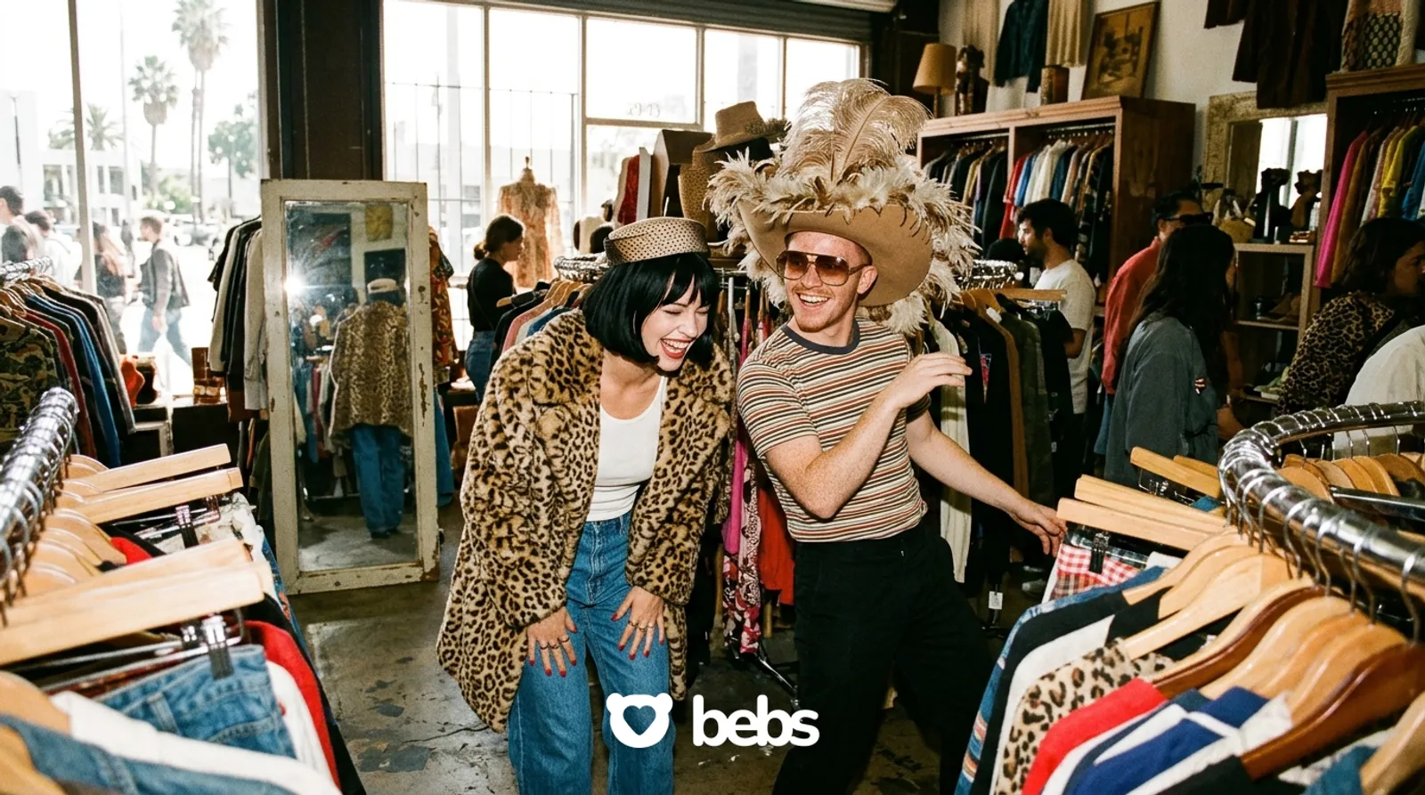 Couple laughing while trying on silly hats and coats in a vintage thrift store, fun third date ideas