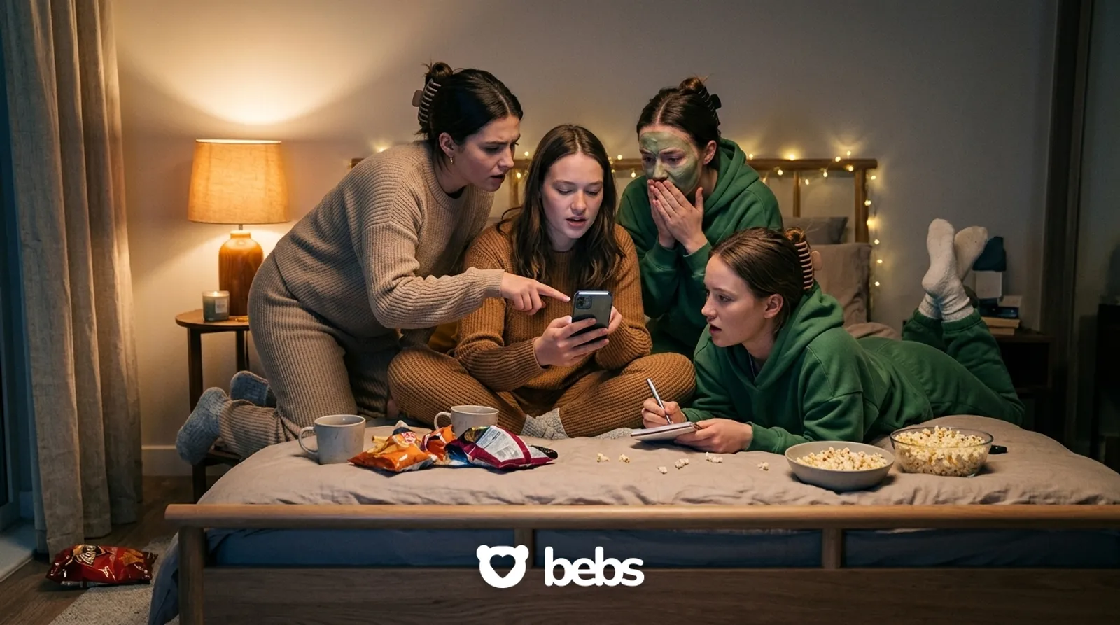 Young woman on her bed surrounded by three friends helping her write a reply to her date, deciding what to text after a first date