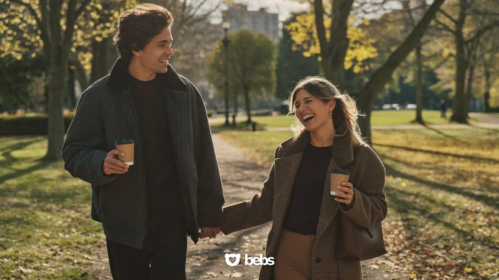 How to avoid ghosting: a couple walking in an autumn park on a date after meeting on the Bebs dating app