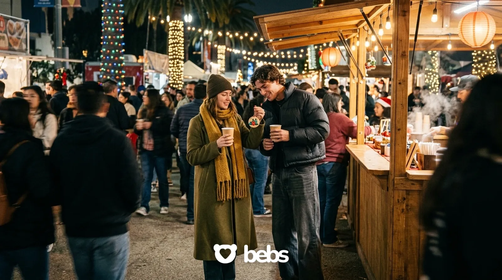 Couple sharing hot cider and a handmade ornament at a Los Angeles holiday market at night, a festive Christmas date idea