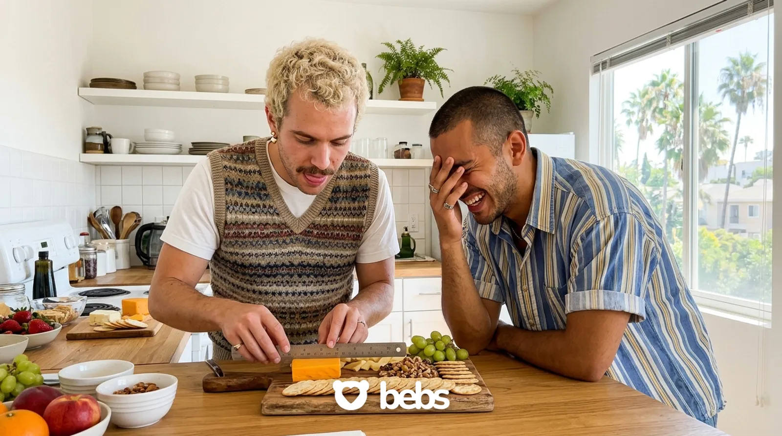 Man measures cheese with a ruler for a snack board while his boyfriend cracks up, beige flags in relationships