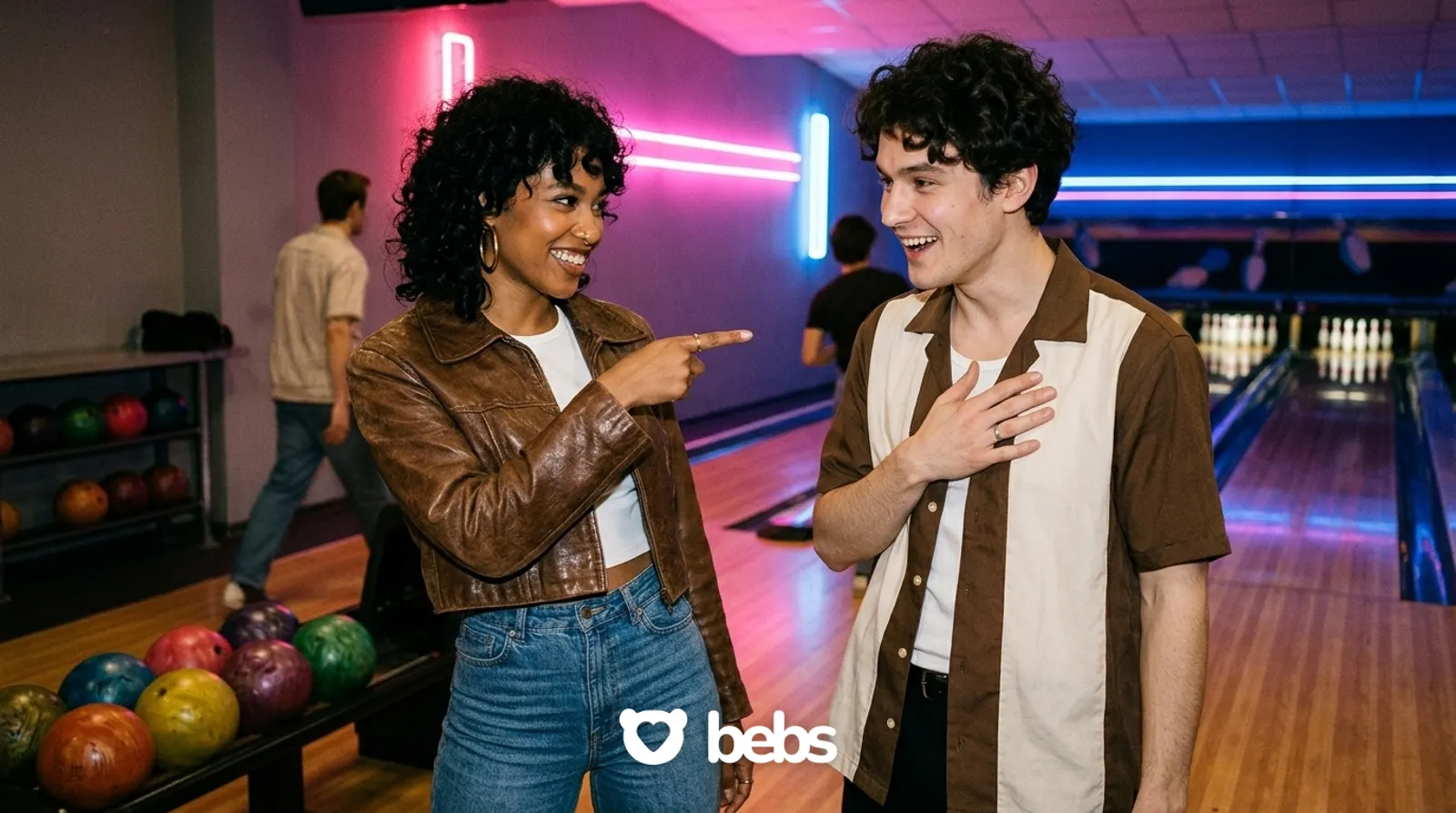 Woman playfully asks a man out at a neon bowling alley as he beams, what to do when you can tell someone likes you