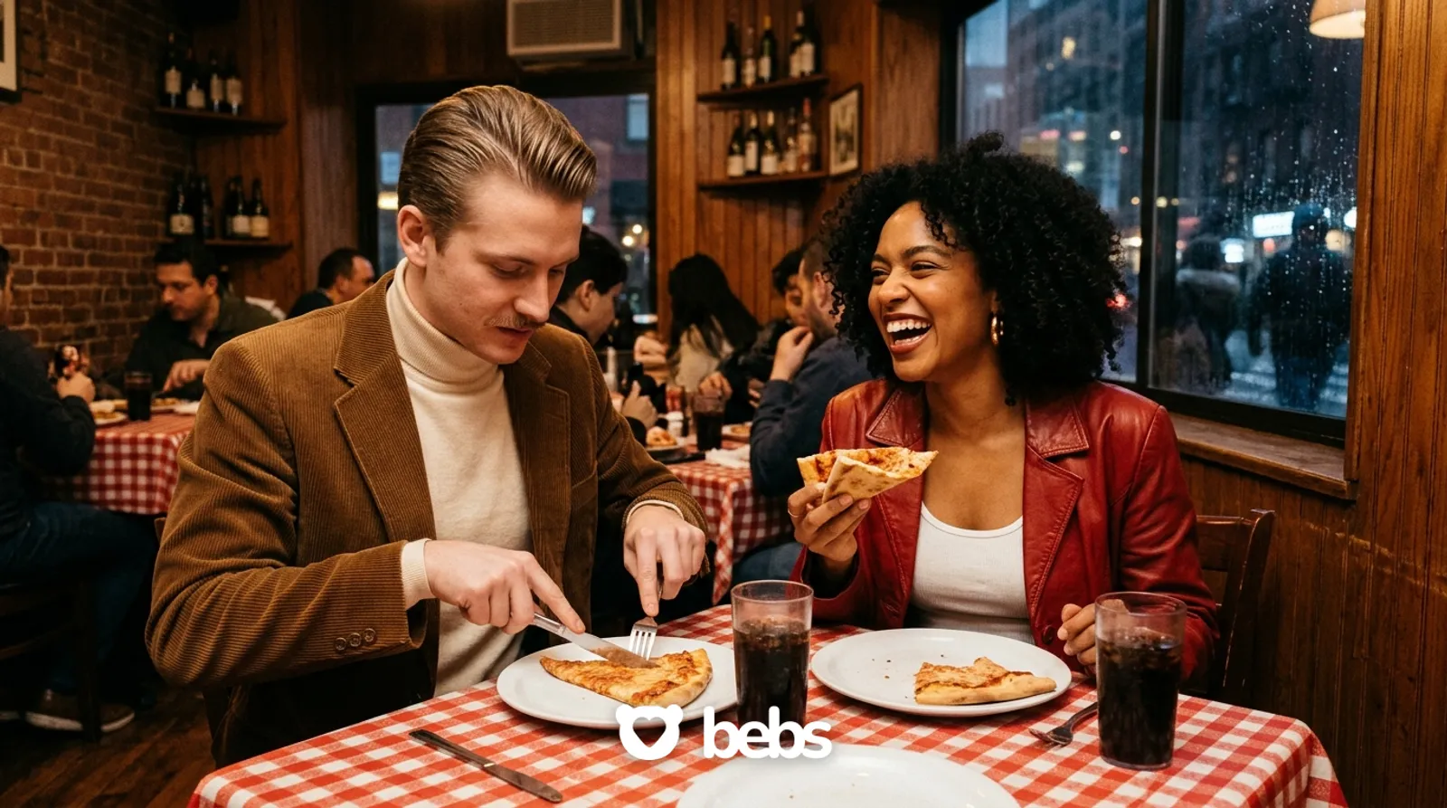 Woman laughs as her date eats pizza with a knife and fork in a cozy pizzeria, funny beige flag examples