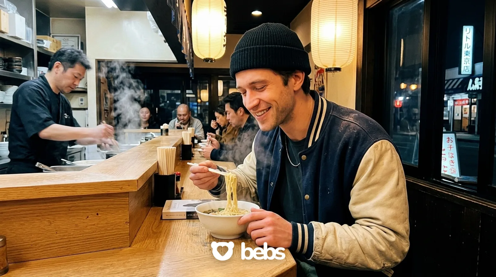 Young man enjoying a bowl of ramen alone at a Little Tokyo counter, a great solo dining spot in LA