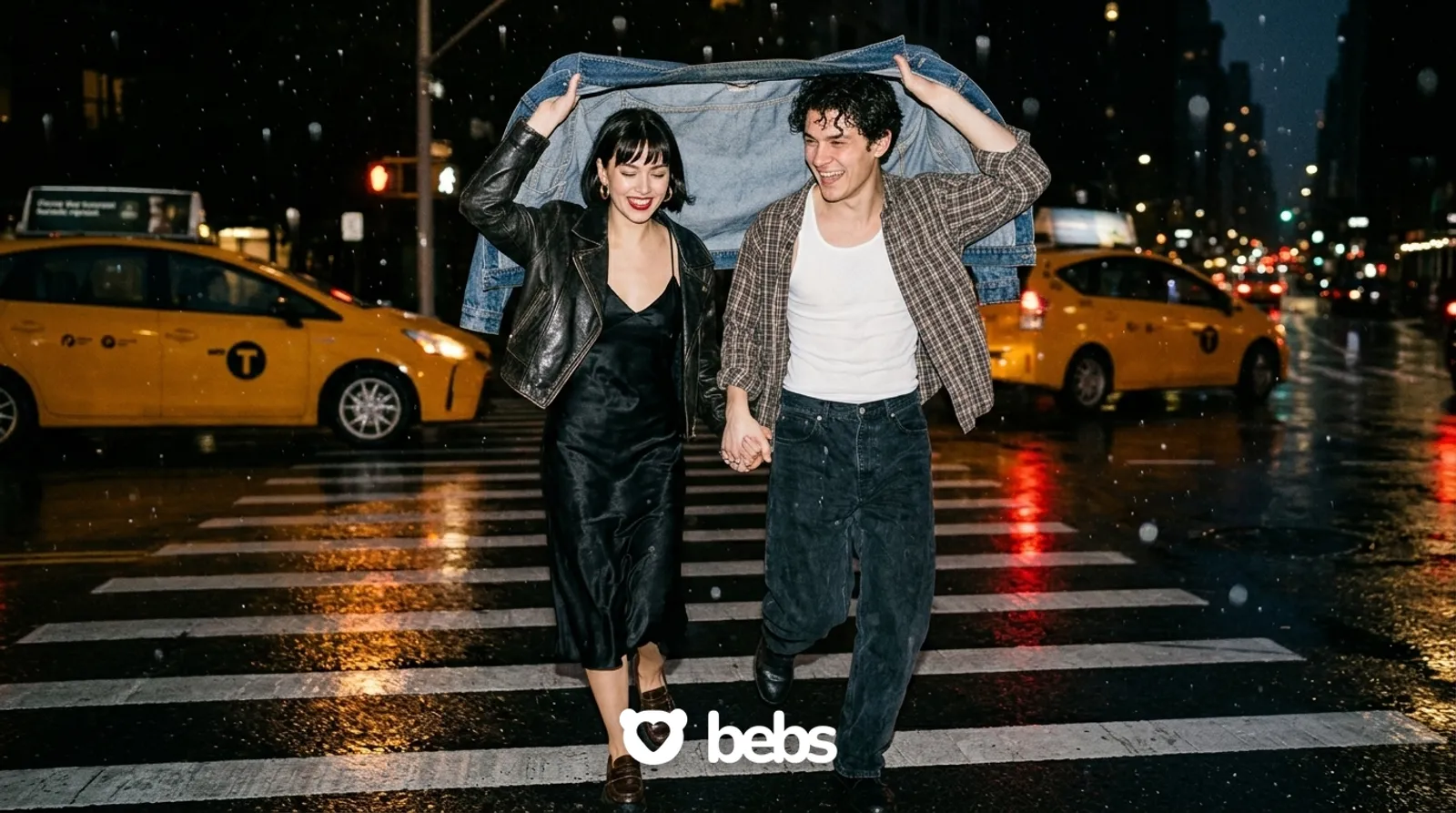 Couple running through the rain across a city street at night under a denim jacket, how to ask someone out over text and turn it into a real date