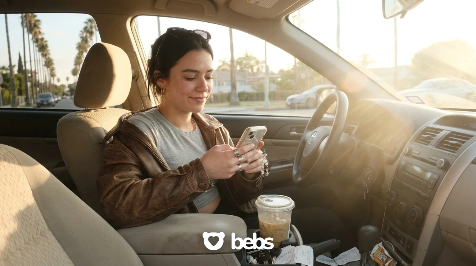 A young woman in a brown leather jacket sits in the driver's seat of a parked car at golden hour, smiling softly at her phone, with an iced coffee in the cup holder and palm trees outside. White Bebs logo at the bottom center.