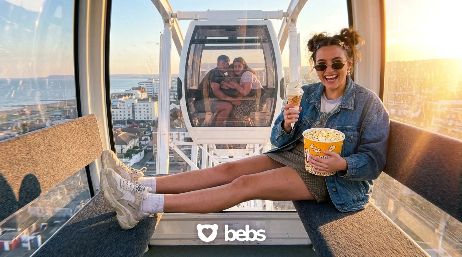 Young woman riding a Ferris wheel alone at sunset with ice cream and popcorn, feet up and laughing, Gen Z solo-maxxing dating trend