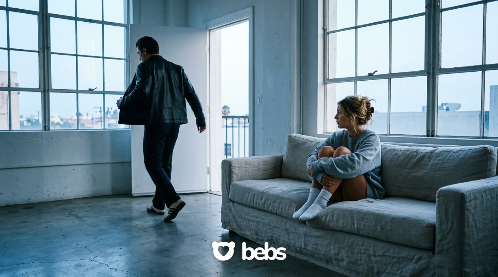 Woman sits alone on a sofa at dawn as her partner coldly walks out, love bombing and the devaluation stage