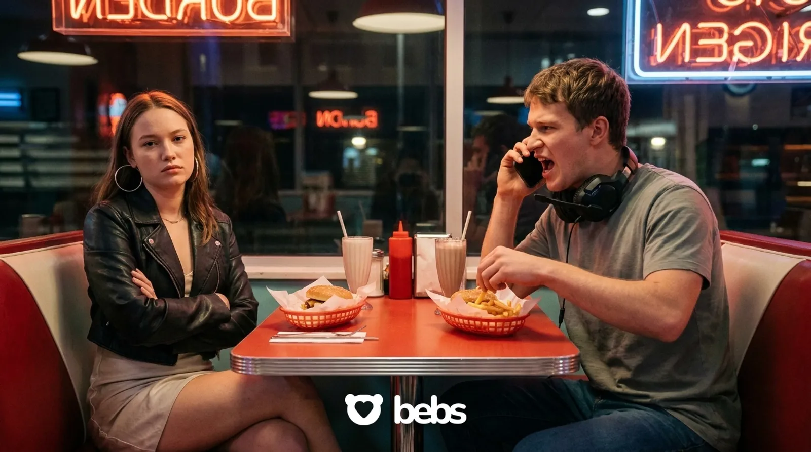 Annoyed young woman with crossed arms on a diner date while her date talks on the phone and eats her fries, what being Shrekked means in Gen Z dating slang