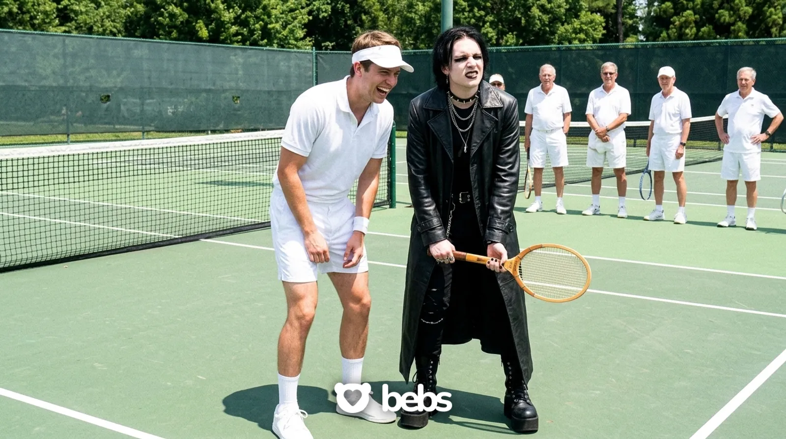 Preppy guy in tennis whites laughing next to his goth date holding a tennis racket, an opposites-attract example of 180-dating among Gen Z