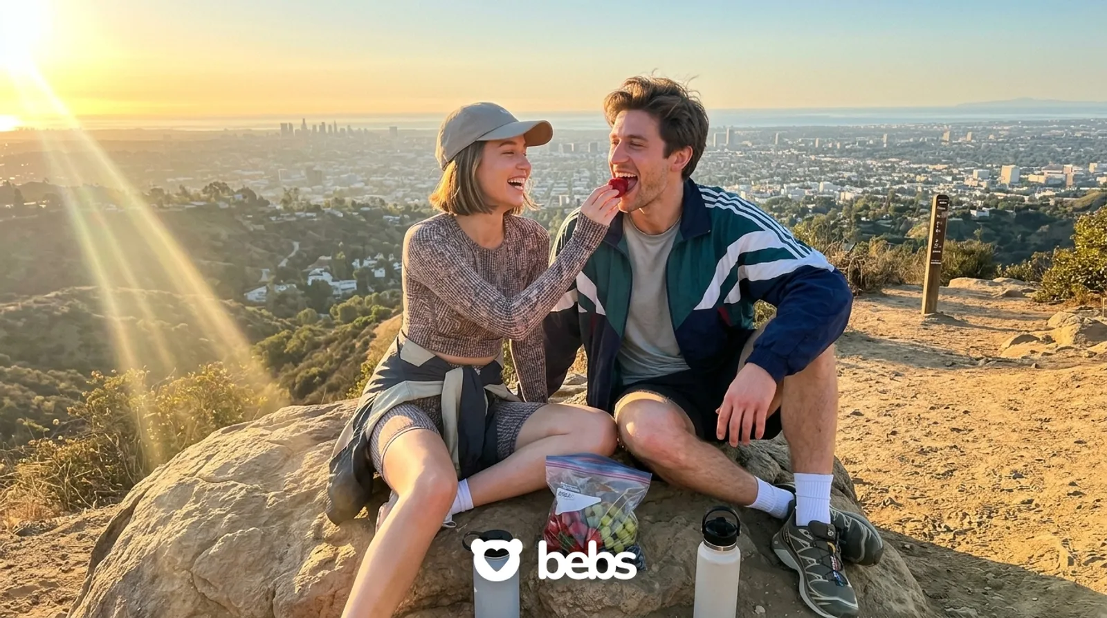 Couple sharing strawberries on a sunset hike above Los Angeles, an active second date idea