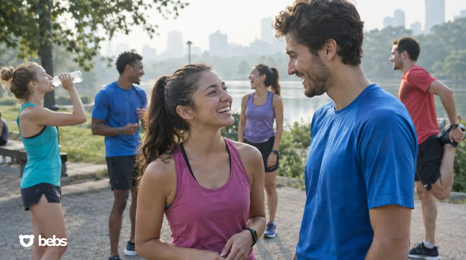 Making friends as an adult: runners chatting and laughing after a morning run club in a city park